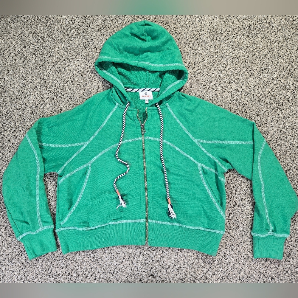 SUNDRY Horizon Zip-up Hoodie in Kelly Green Womens Size XS Cropped Relaxed EUC - Picture 2 of 12